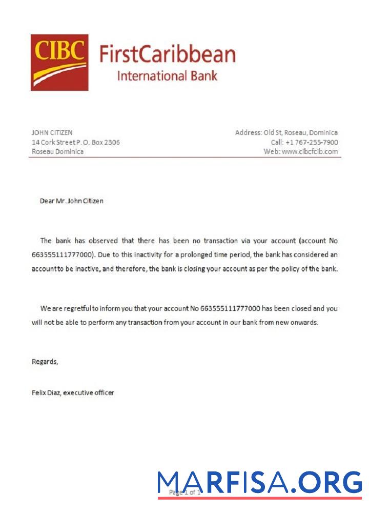 Downloadable Dominica CIBC closure reference sample